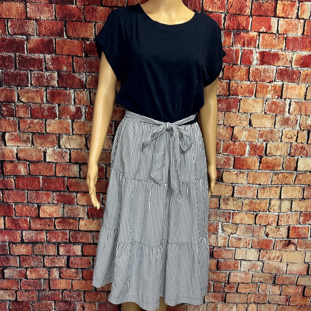 Talbots Black Top with White and Black Striped Midi Skirt